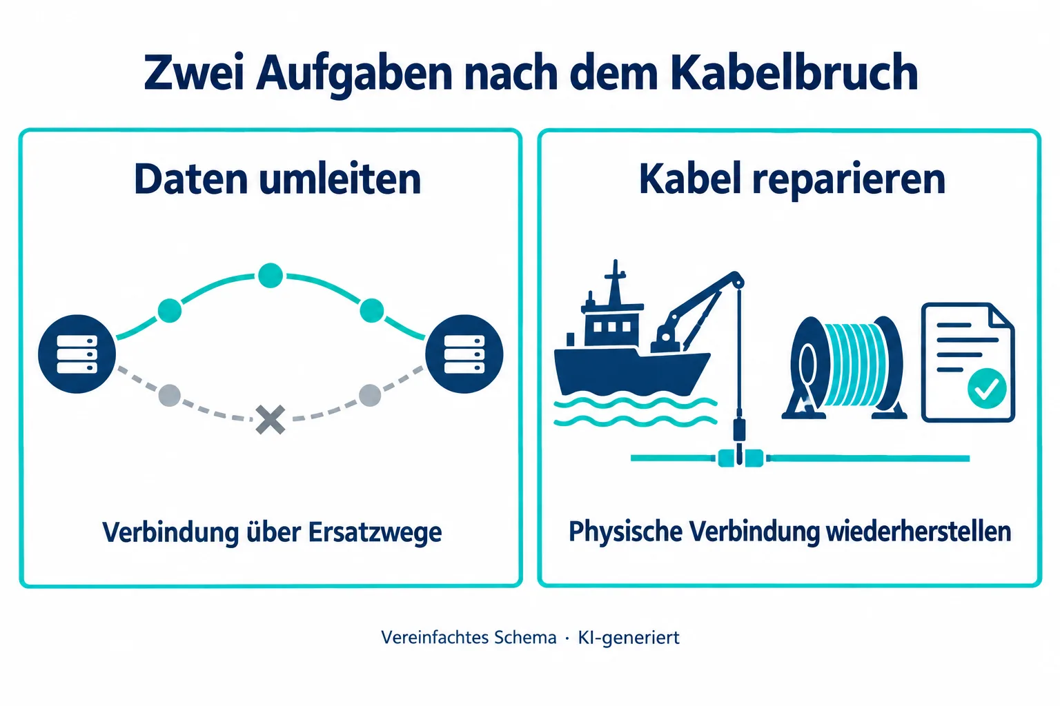 Zwei getrennte Aufgaben: Daten über eine intakte Ersatzroute umleiten und die beschädigte Kabelverbindung mit Schiff, Material und Freigaben wiederherstellen.