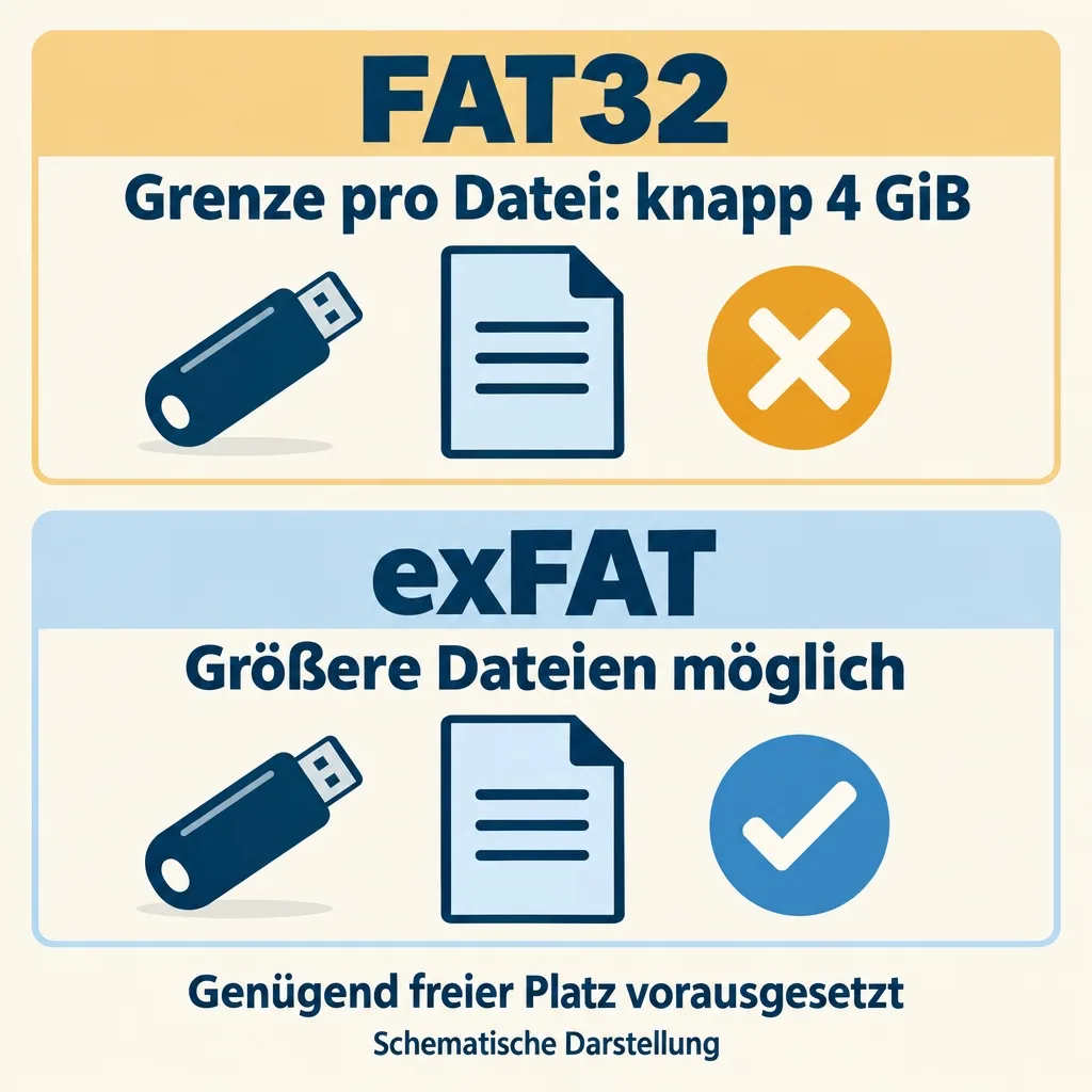 Schematischer Vergleich: FAT32 begrenzt eine einzelne Datei auf knapp 4 GiB; exFAT ermöglicht größere Dateien bei genügend freiem Speicher.