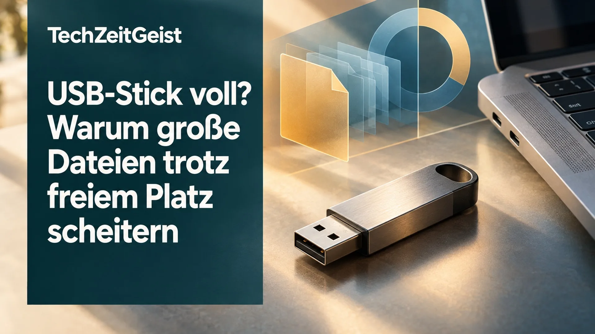 Magazinbild mit USB-Stick und der Überschrift USB-Stick voll? Warum große Dateien trotz freiem Platz scheitern.