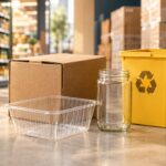 Leerer Karton, Kunststoffschale und Glas neben einer gelben Wertstofftonne.