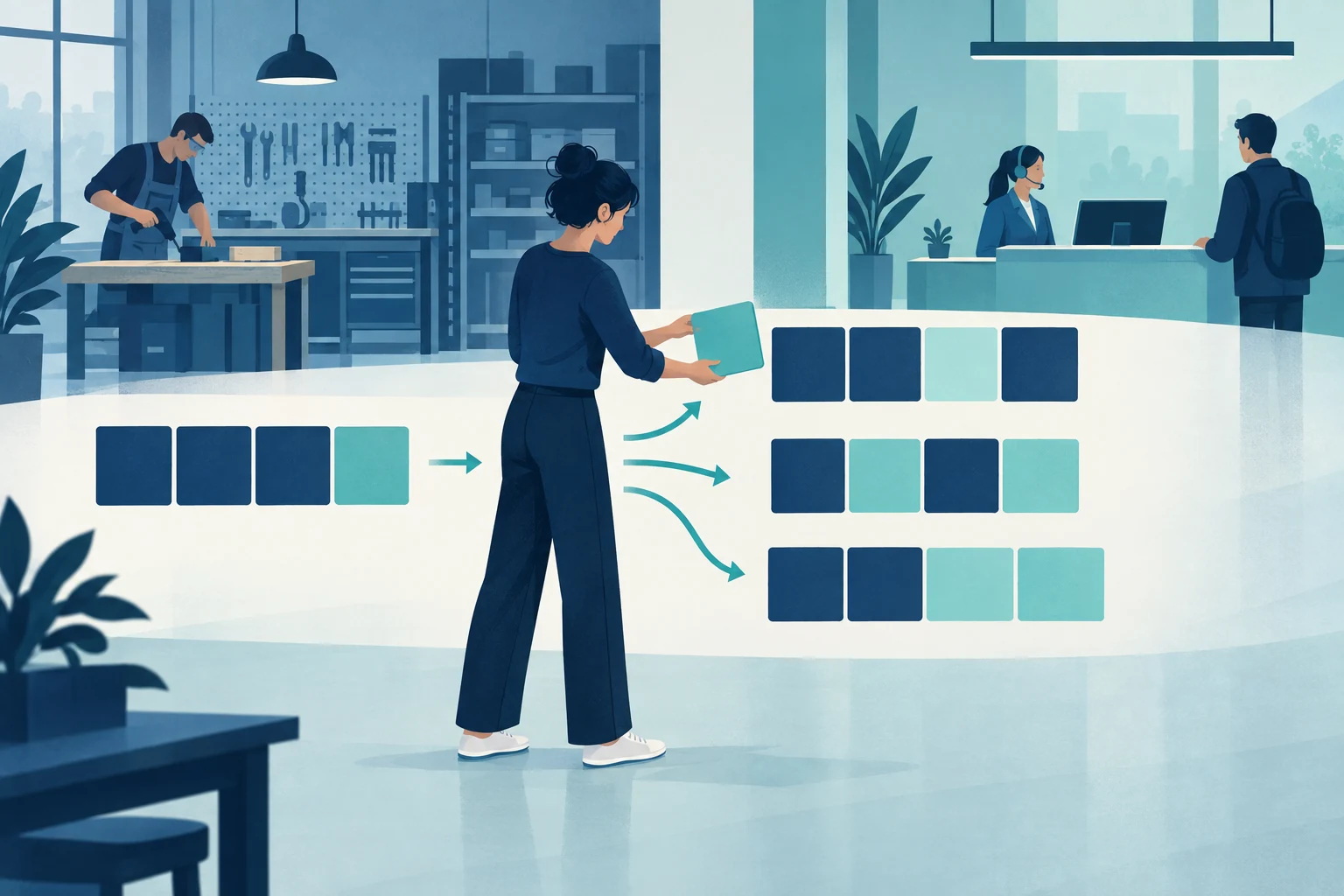 Schematische Illustration verschiedener flexibler Arbeitszeitmuster vor Werkstatt und Serviceschalter