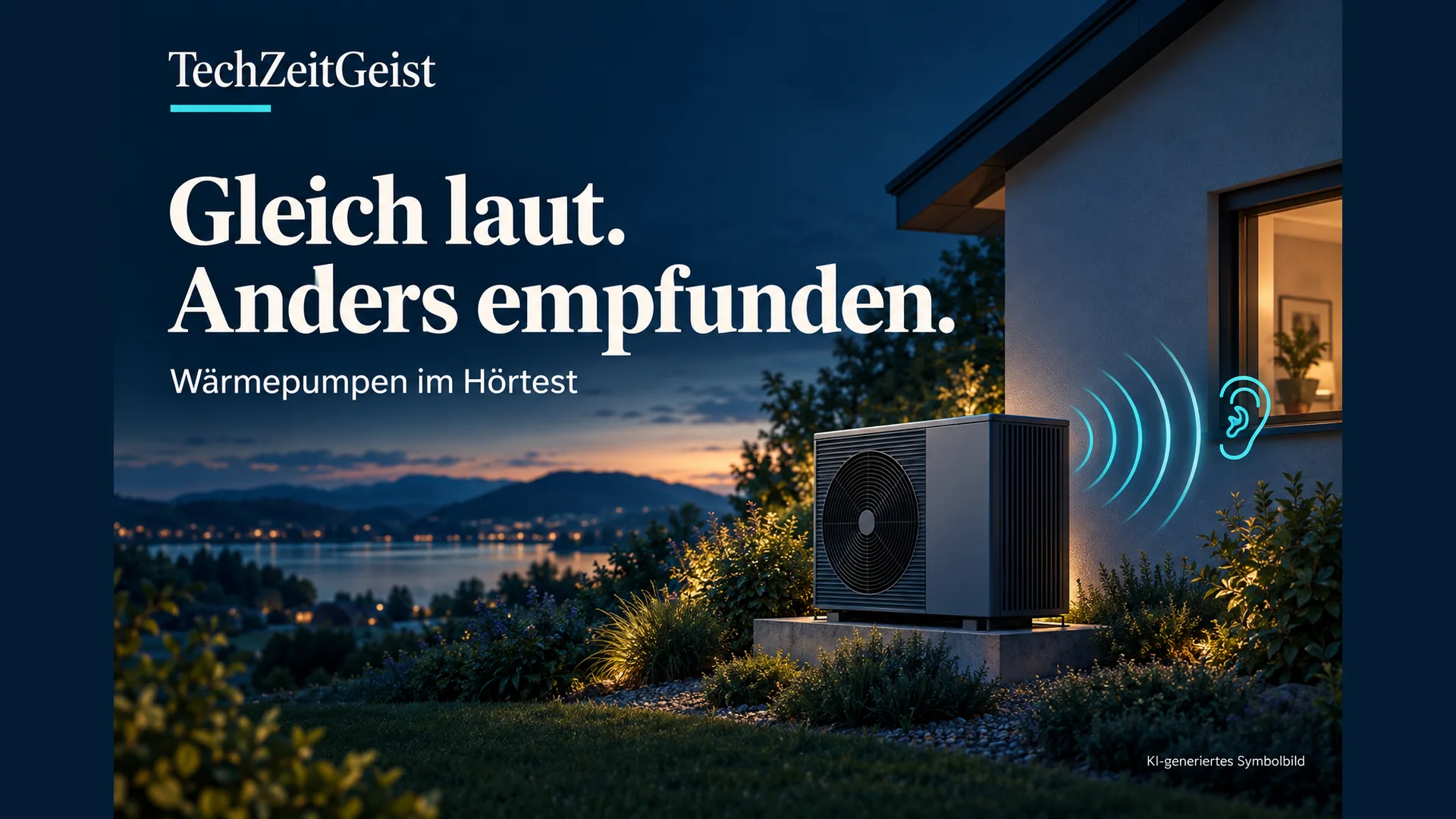 Symbolische Wärmepumpe neben einem Haus bei Abendlicht, türkise Schallbögen und ein Ohr. Schrift: Gleich laut. Anders empfunden.