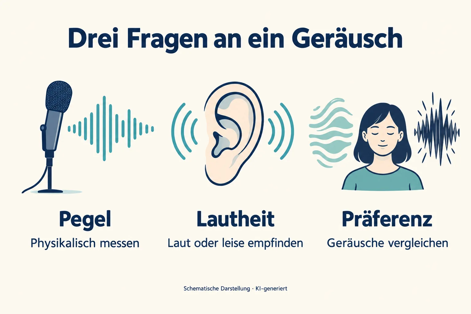 Drei getrennte Bildfelder mit Mikrofon, Ohr und hörender Person erläutern Pegel, Lautheit und Präferenz.