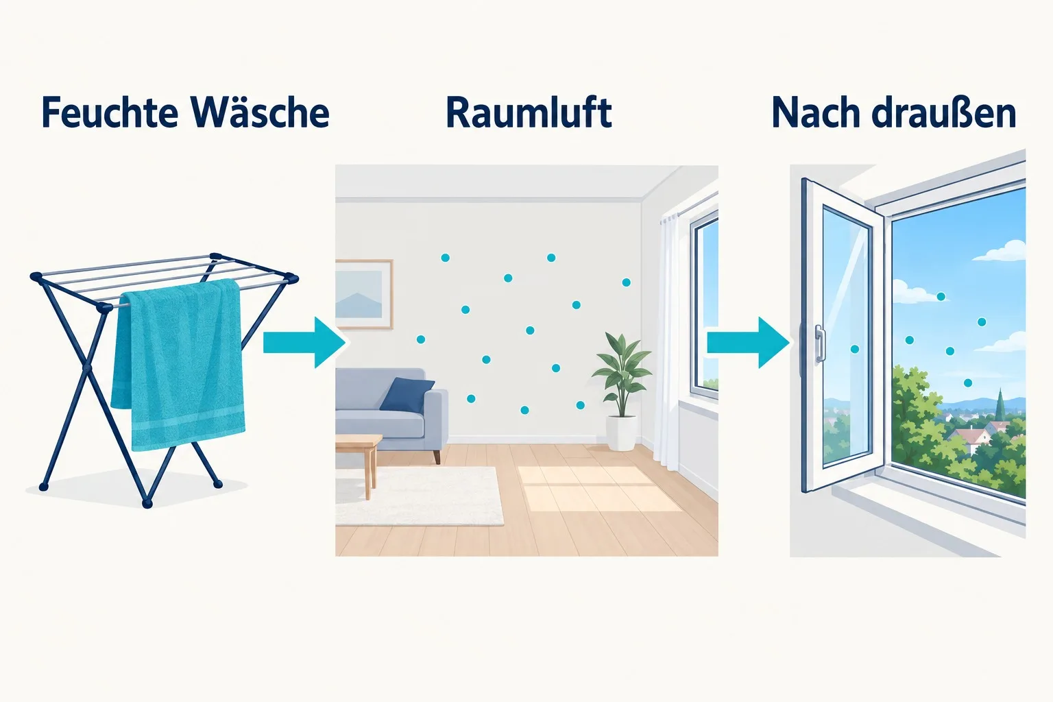 Schematischer Wasserweg: Feuchte Wäsche gibt Wasserdampf in die Raumluft ab, beim Lüften gelangt feuchte Luft nach draußen.