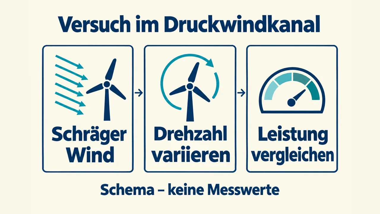Schema des Versuchs: schräger Wind, variierte Rotordrehzahl und Vergleich der gemessenen Leistung.