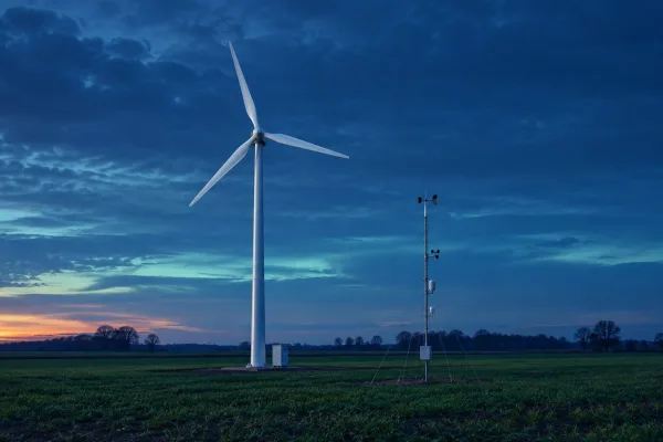 Symbolbild: Windrad und Windmessmast auf einem Feld bei Dämmerung