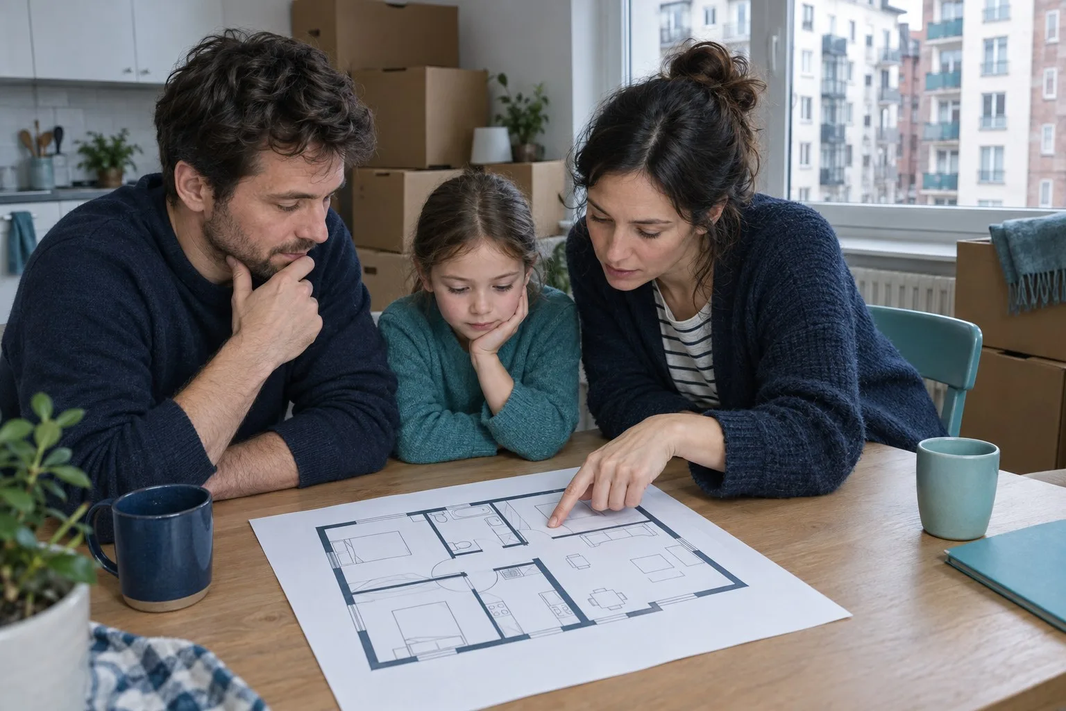 Eine Familie betrachtet den Grundriss einer Wohnung am Küchentisch.
