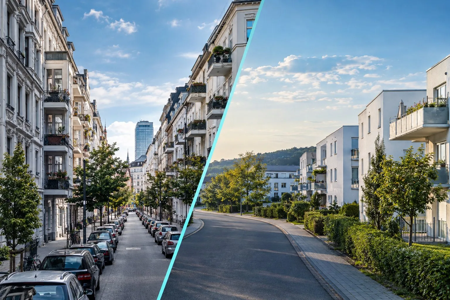 Symbolische Gegenüberstellung dichter und weniger dichter bebauter Wohnstraßen
