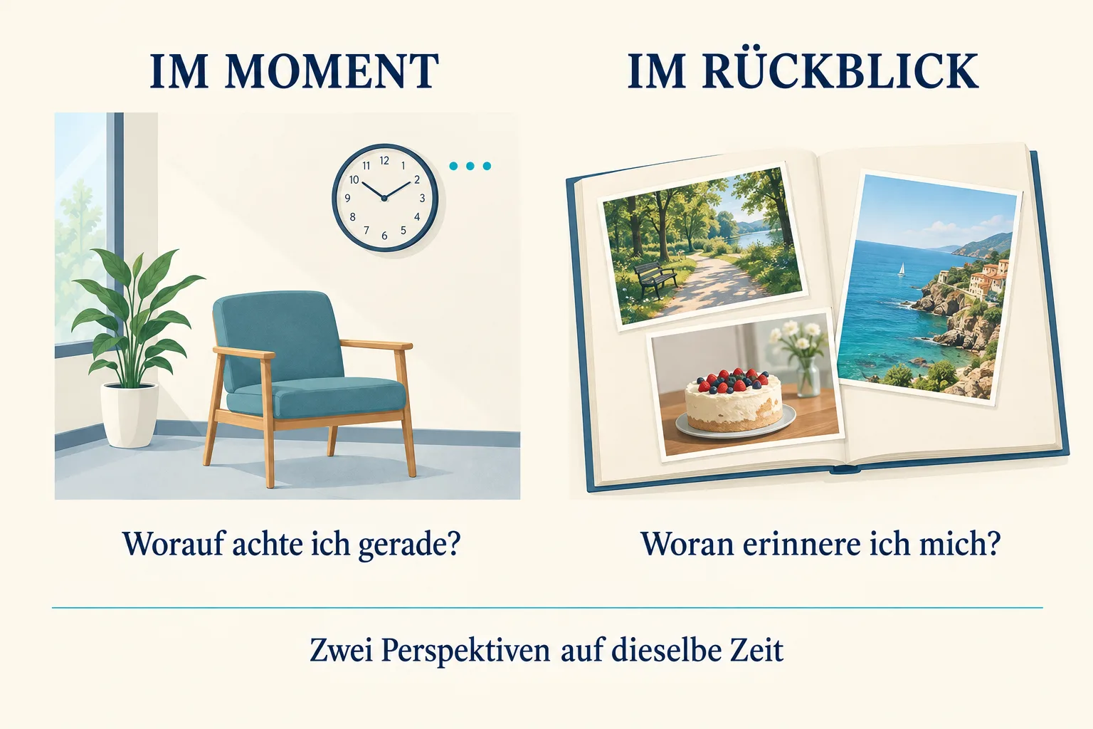 Eine schematische Gegenüberstellung zeigt links eine Wartezimmeruhr und rechts einzelne Erinnerungsbilder in einem Fotoalbum.