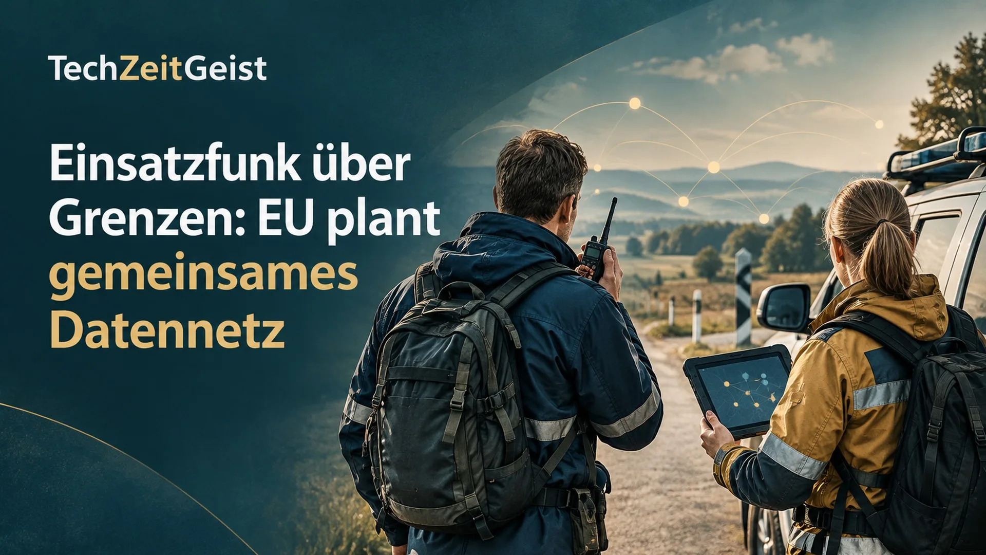 Illustration von zwei Einsatzkräften mit Funkgerät und Tablet an einer Landstraße.