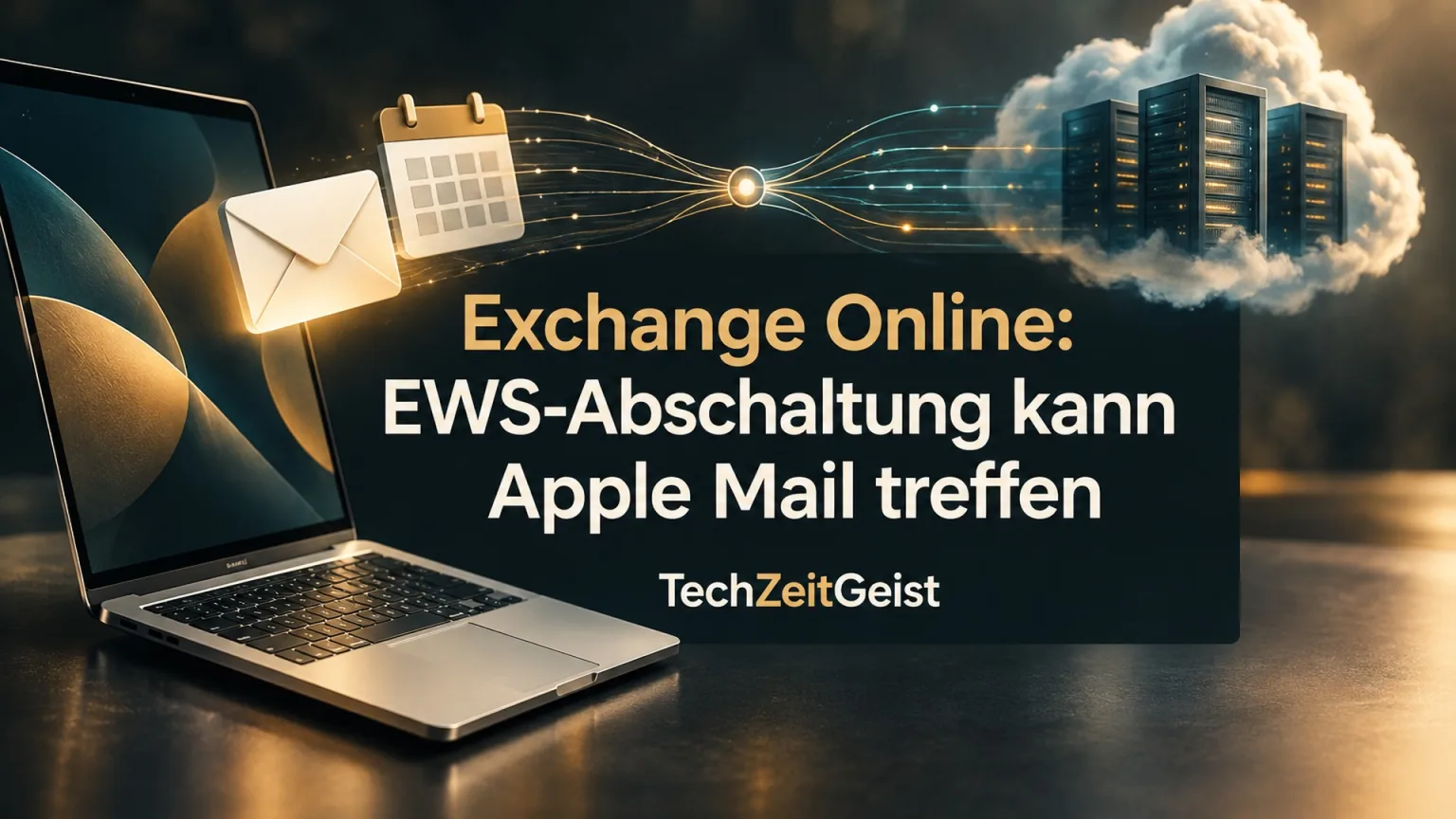 Laptop und Cloudverbindung mit der Artikelüberschrift zur EWS-Abschaltung.