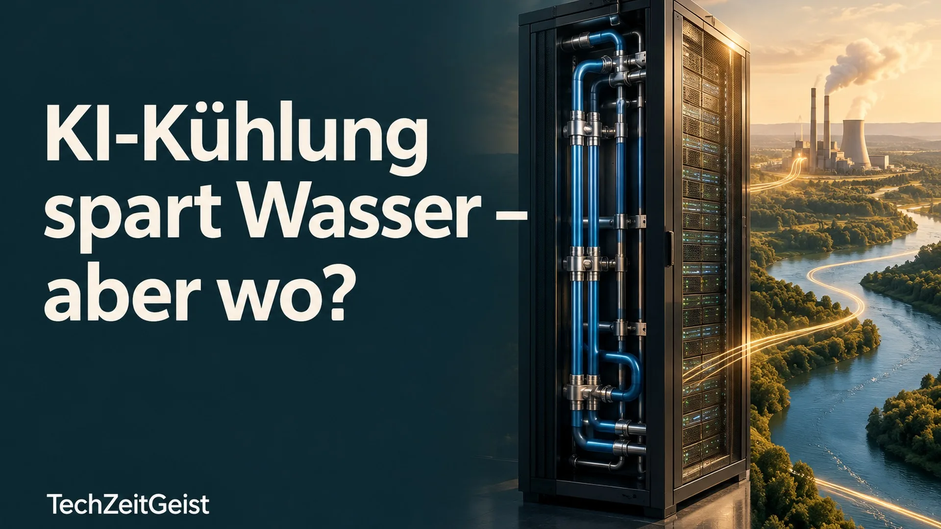 Symbolische Collage aus Serverrack mit Kühlleitungen, Kraftwerk und Fluss mit der Überschrift KI-Kühlung spart Wasser – aber wo?
