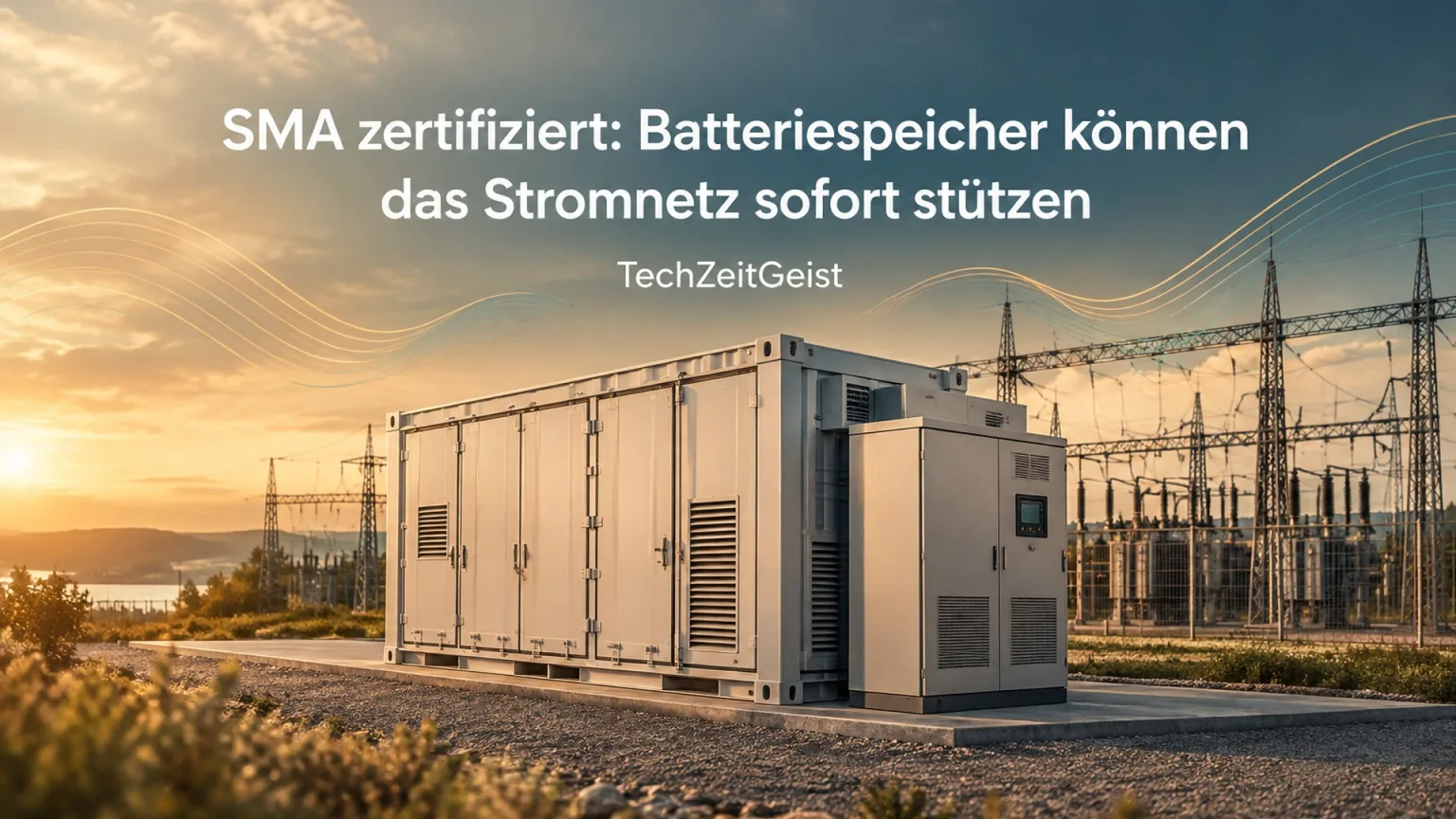 Illustration eines industriellen Batteriecontainers mit Leistungselektronik neben einem Umspannwerk und vollständiger Artikelüberschrift.