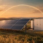Solarmodule neben geschlossenen Speicherschränken in einer symbolischen Anlagenkombination.