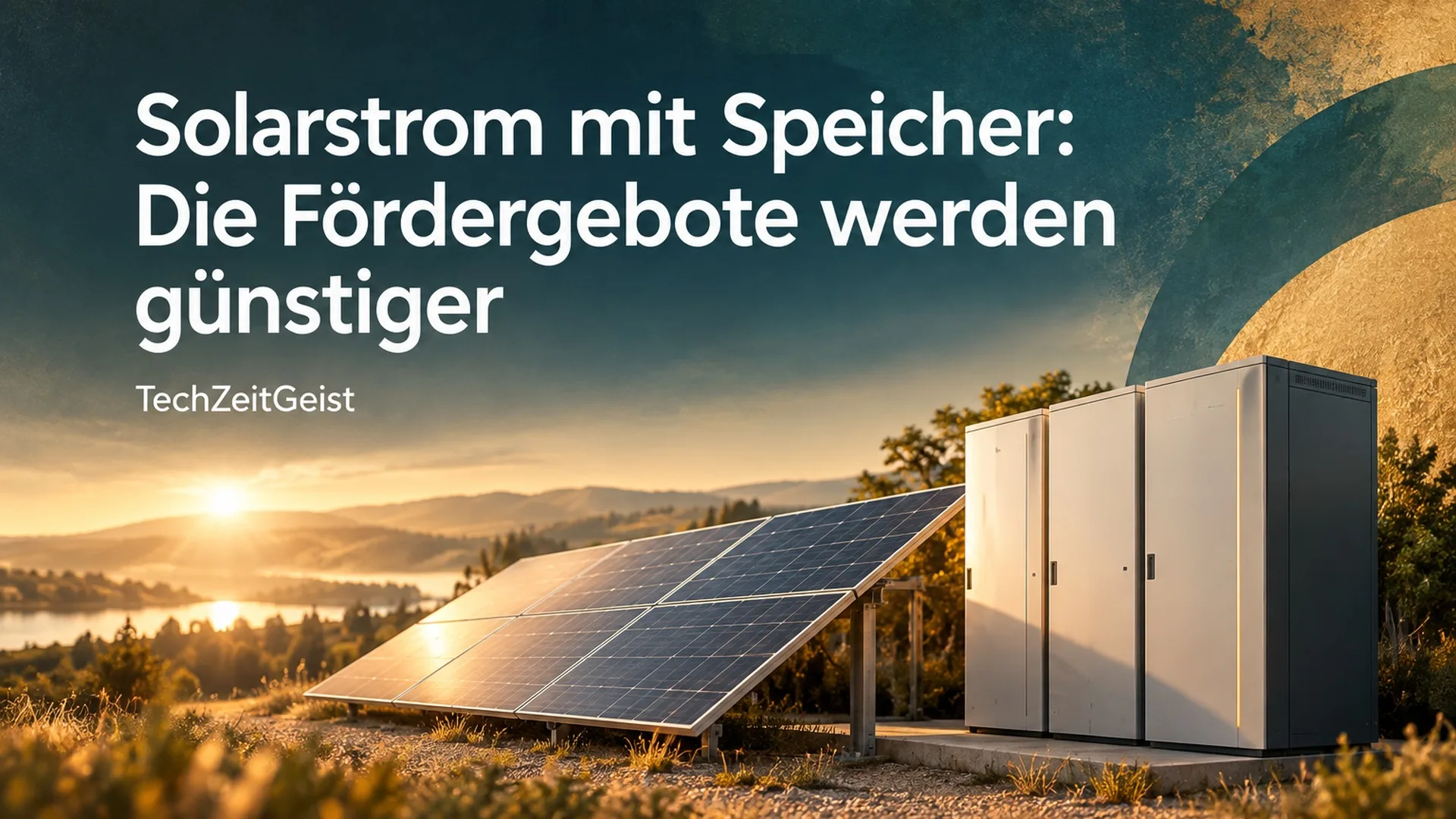 Solarmodule und Speicherschränke mit der Artikelüberschrift und TechZeitGeist.