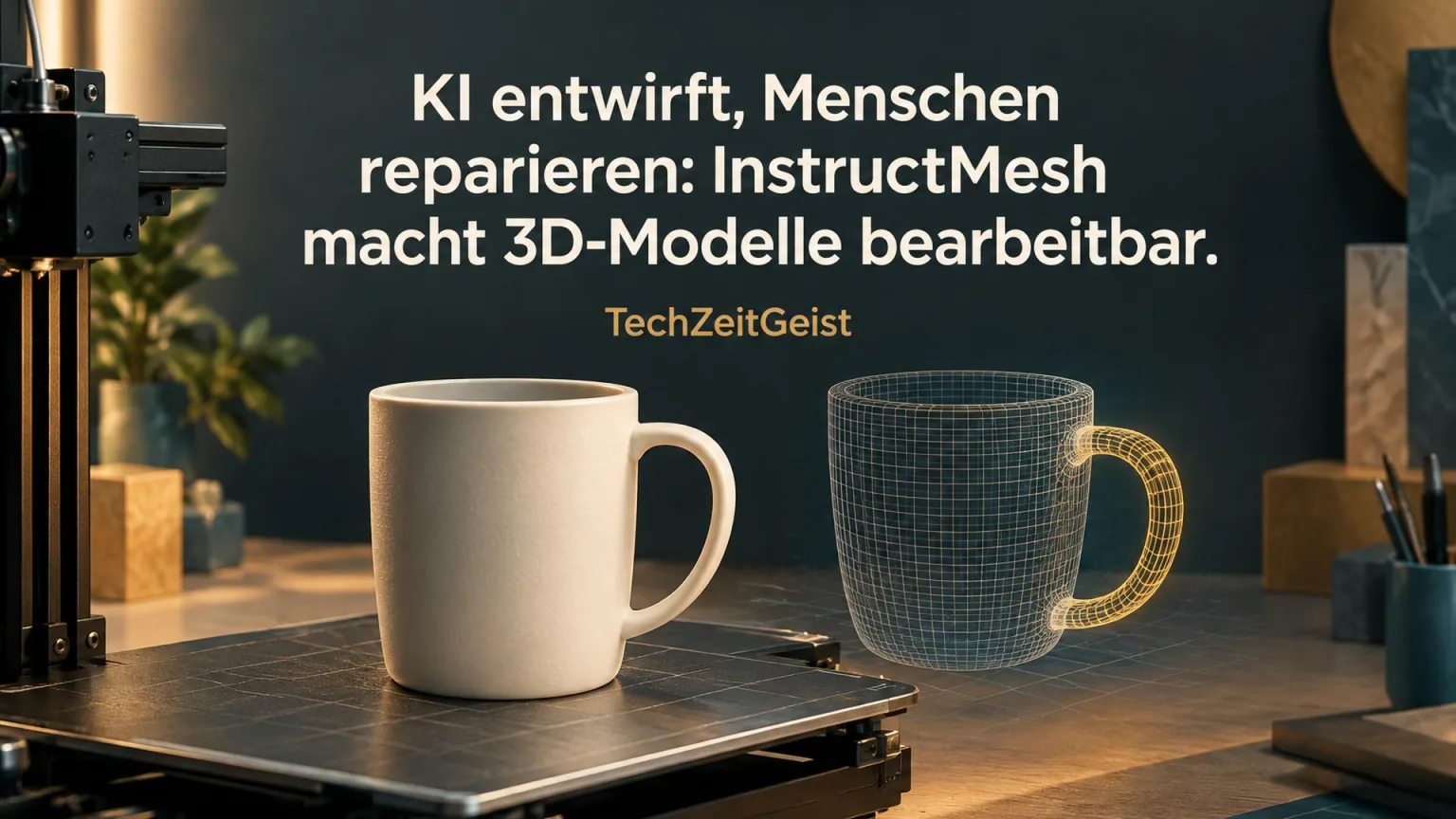 Symbolische redaktionelle Darstellung zum Thema KI entwirft, Menschen reparieren: InstructMesh macht 3D-Modelle bearbeitbar. Mit Artikelüberschrift.