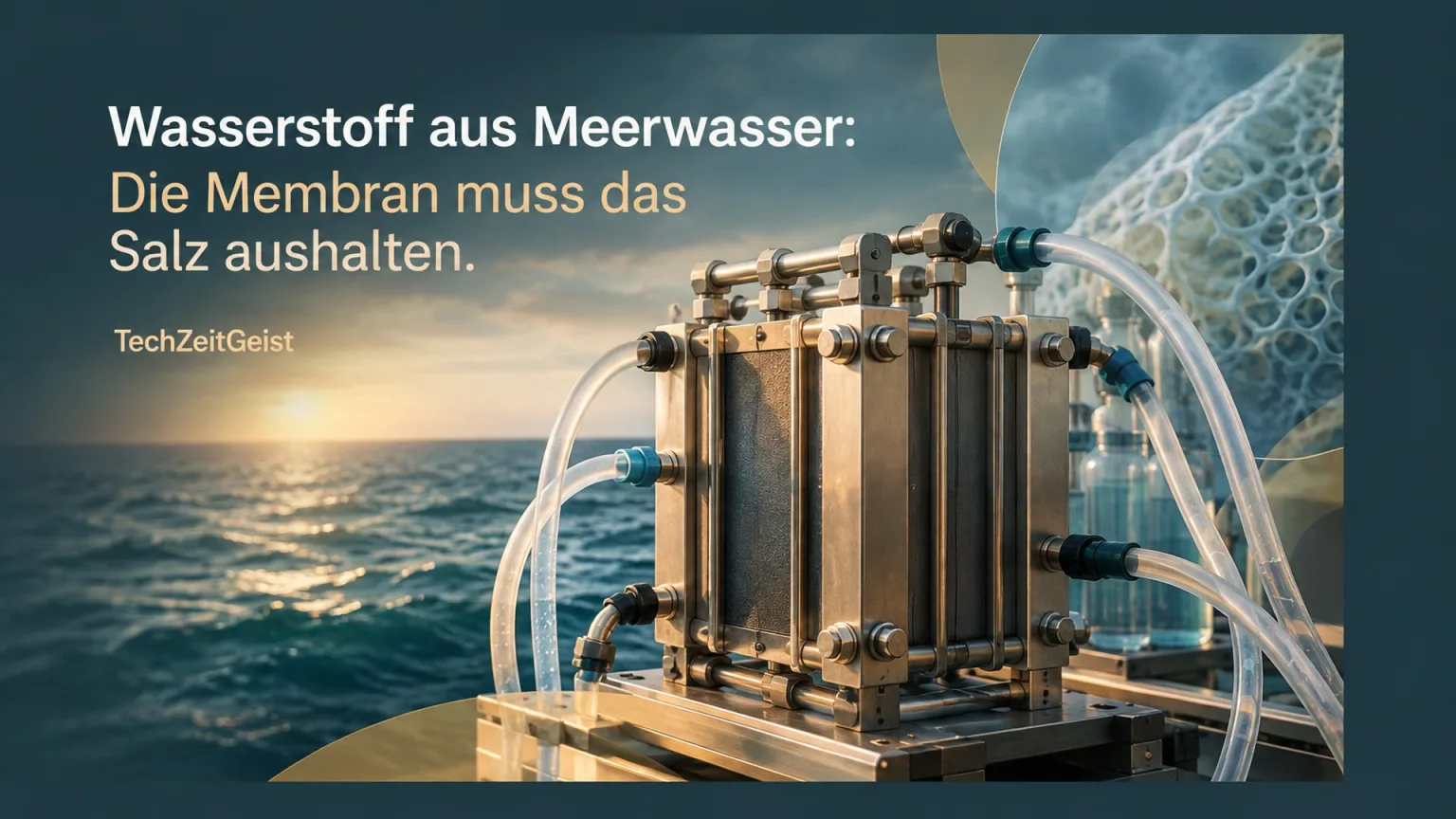 Symbolischer Elektrolyse-Prüfstand mit Meer und abstrakter Membrantextur sowie Artikelüberschrift.
