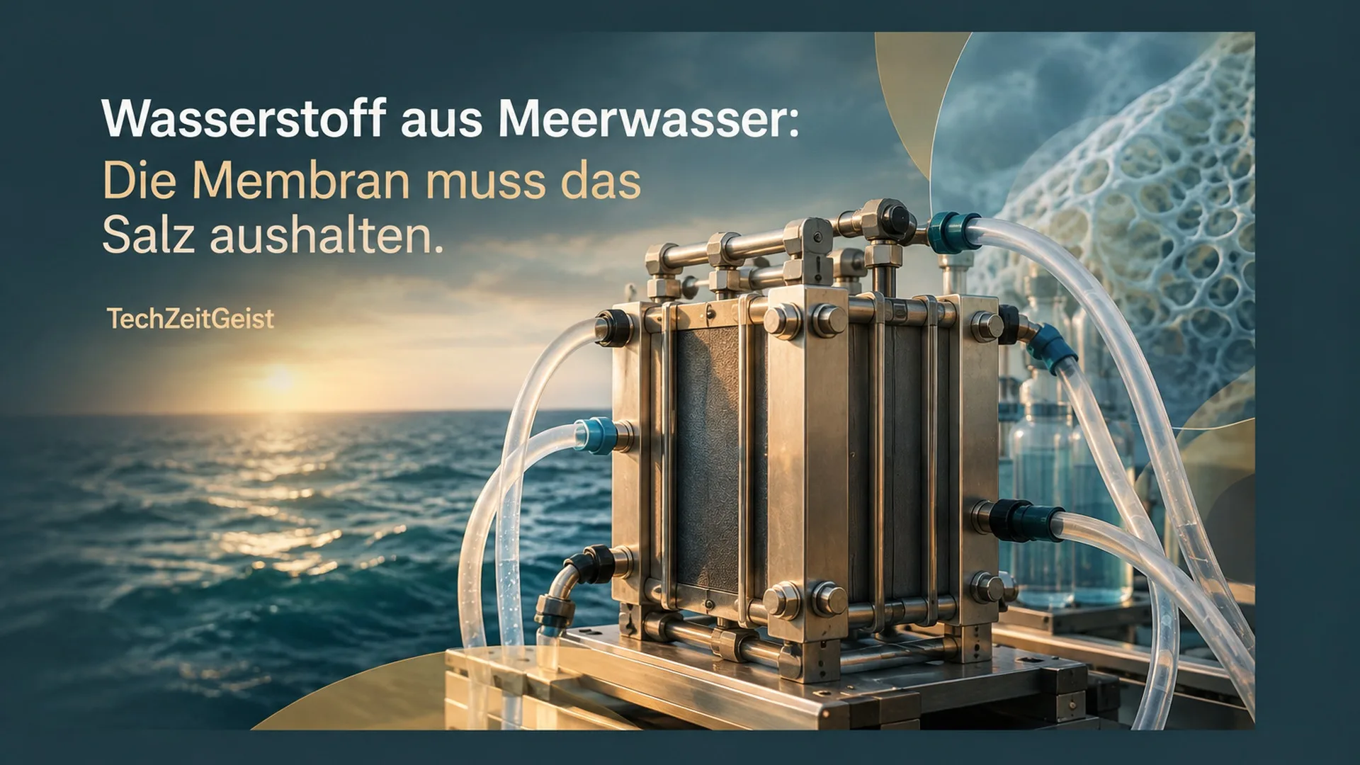 Symbolischer Elektrolyse-Prüfstand mit Meer und abstrakter Membrantextur sowie Artikelüberschrift.