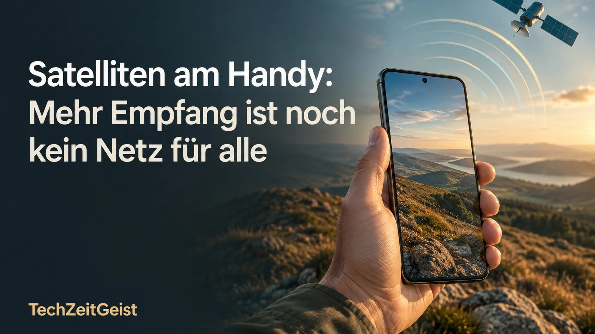 Smartphone in offener Landschaft mit vollständiger Artikelüberschrift und TechZeitGeist-Schriftzug.