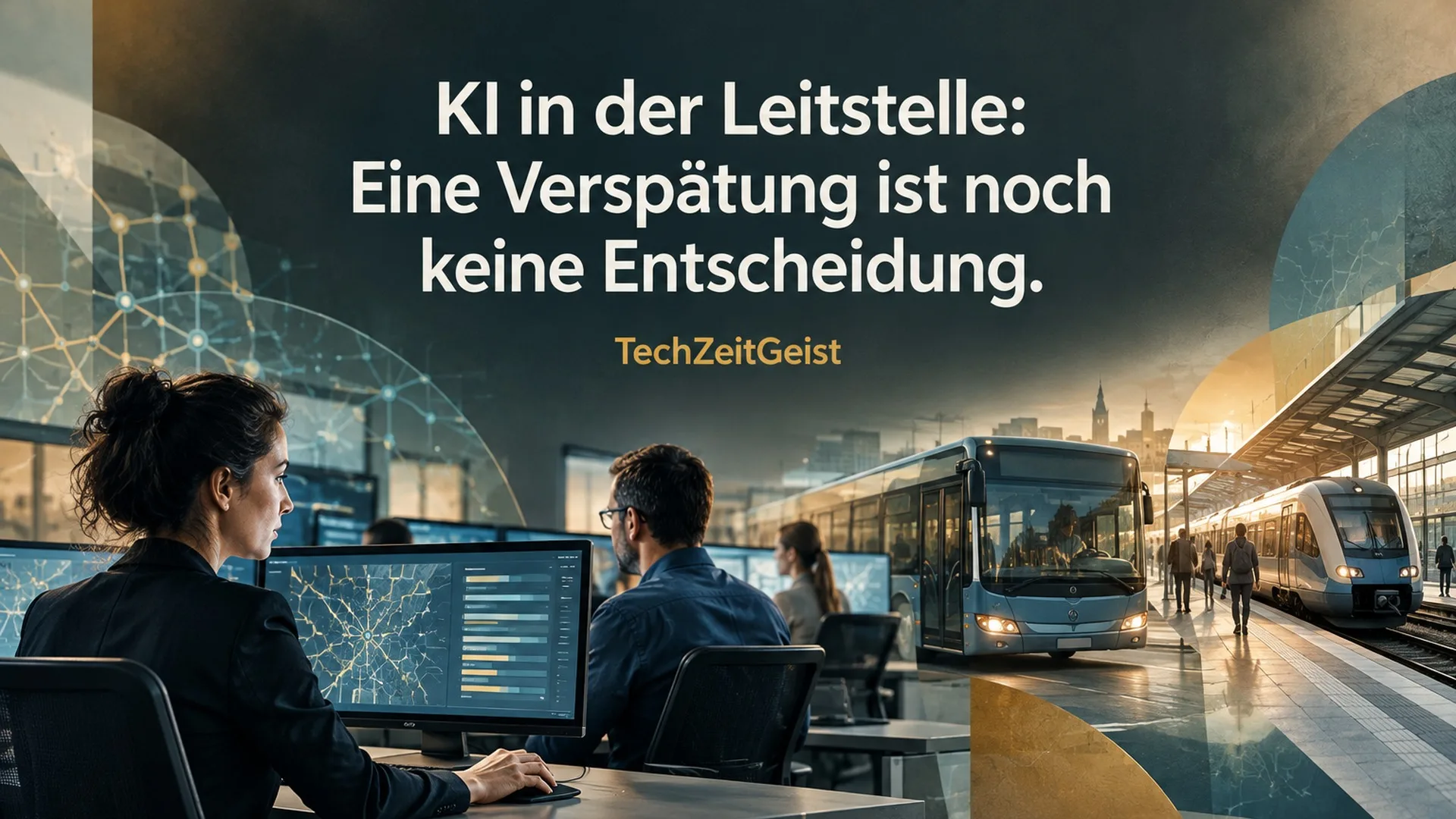 Symbolische redaktionelle Darstellung zum Thema KI in der Leitstelle: Eine Verspätung ist noch keine Entscheidung. Mit Artikelüberschrift.