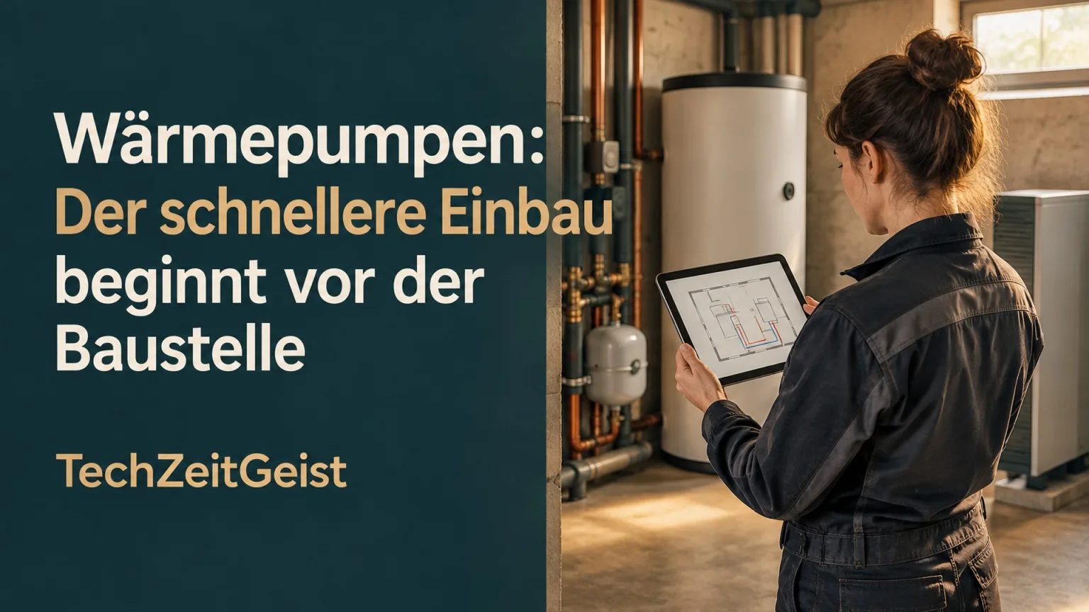 Heizungsraum mit Monteurin und Tablet sowie Artikelüberschrift und TechZeitGeist-Schriftzug.