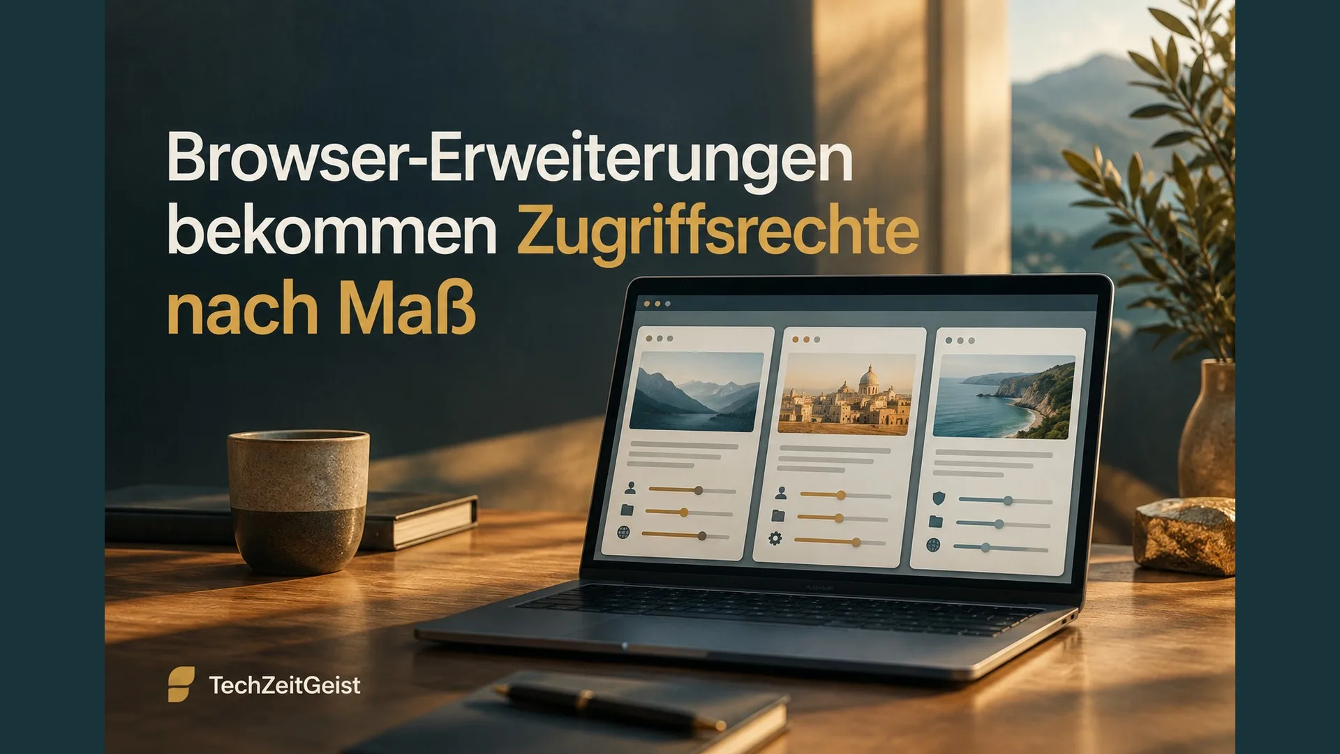 Laptop mit symbolischen Webseiten und Reglern für unterschiedliche Zugriffsbereiche.