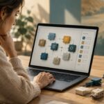 Person am Laptop mit verbundenen Bausteinen als Illustration einer KI-Anwendung.