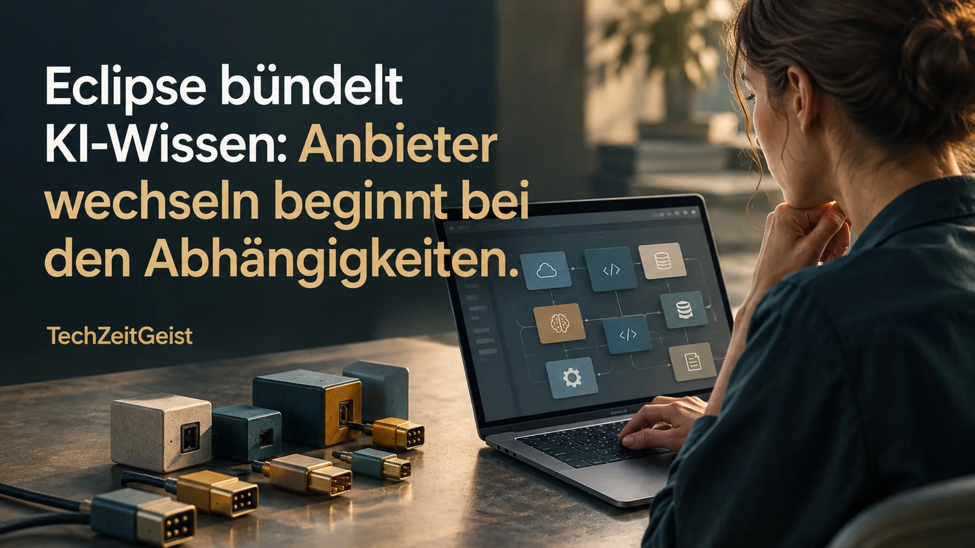Person am Laptop mit verbundenen Bausteinen als Illustration einer KI-Anwendung.