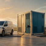 Symbolische Illustration eines Energiecontainers mit elektrischem Transporter und Gabelstapler