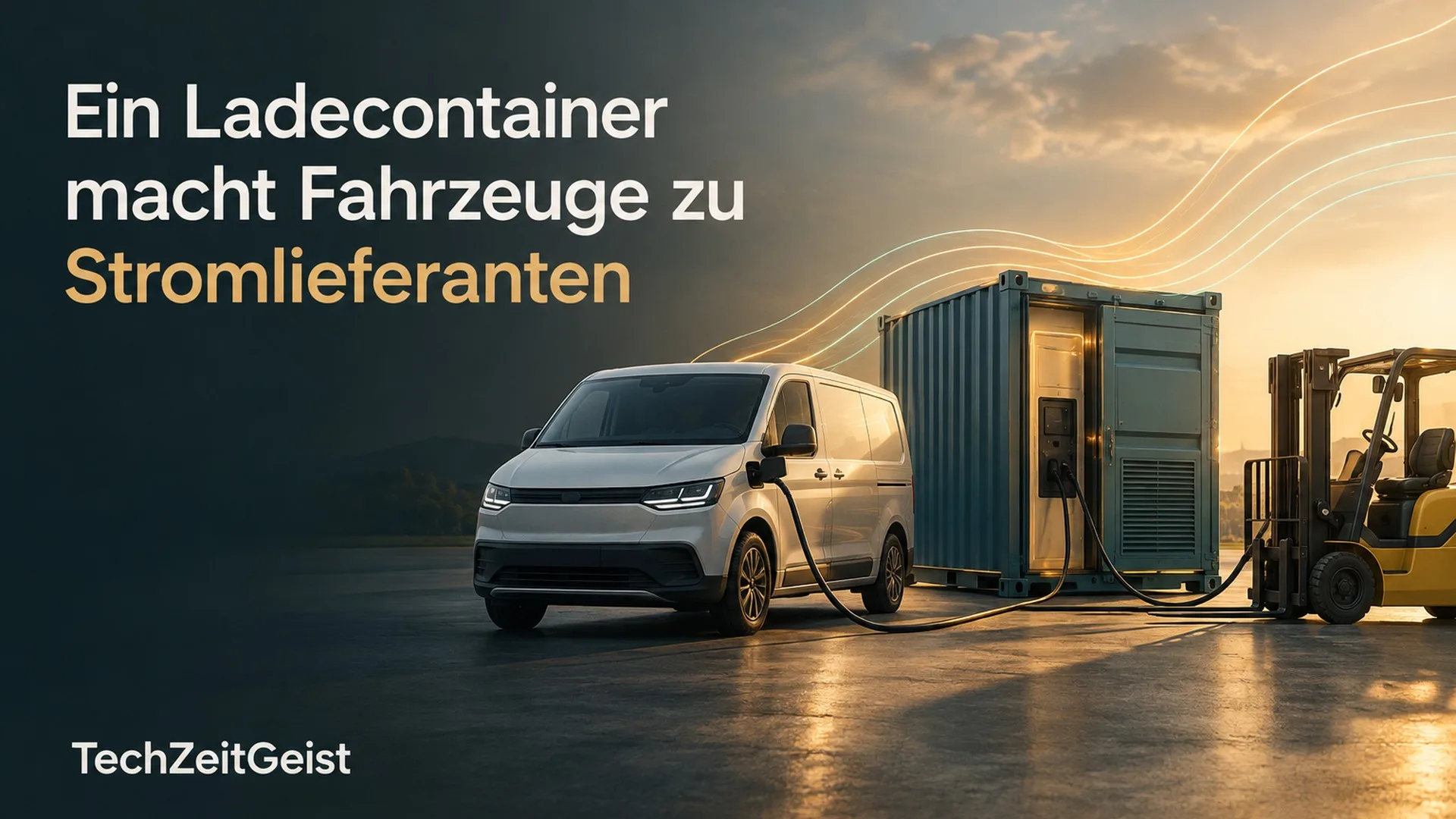 Symbolische Illustration eines Energiecontainers mit elektrischem Transporter und Gabelstapler