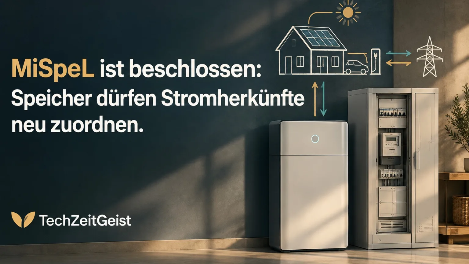 Haus mit Batteriespeicher und Stromzähler als Illustration gemischter Strommengen.