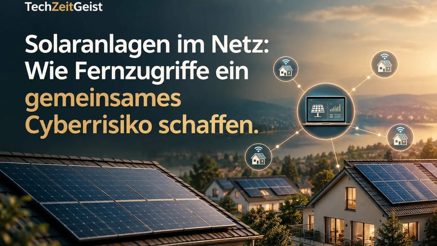 Mehrere Solardächer mit symbolischen Verbindungen zu einer gemeinsamen Steuerung.