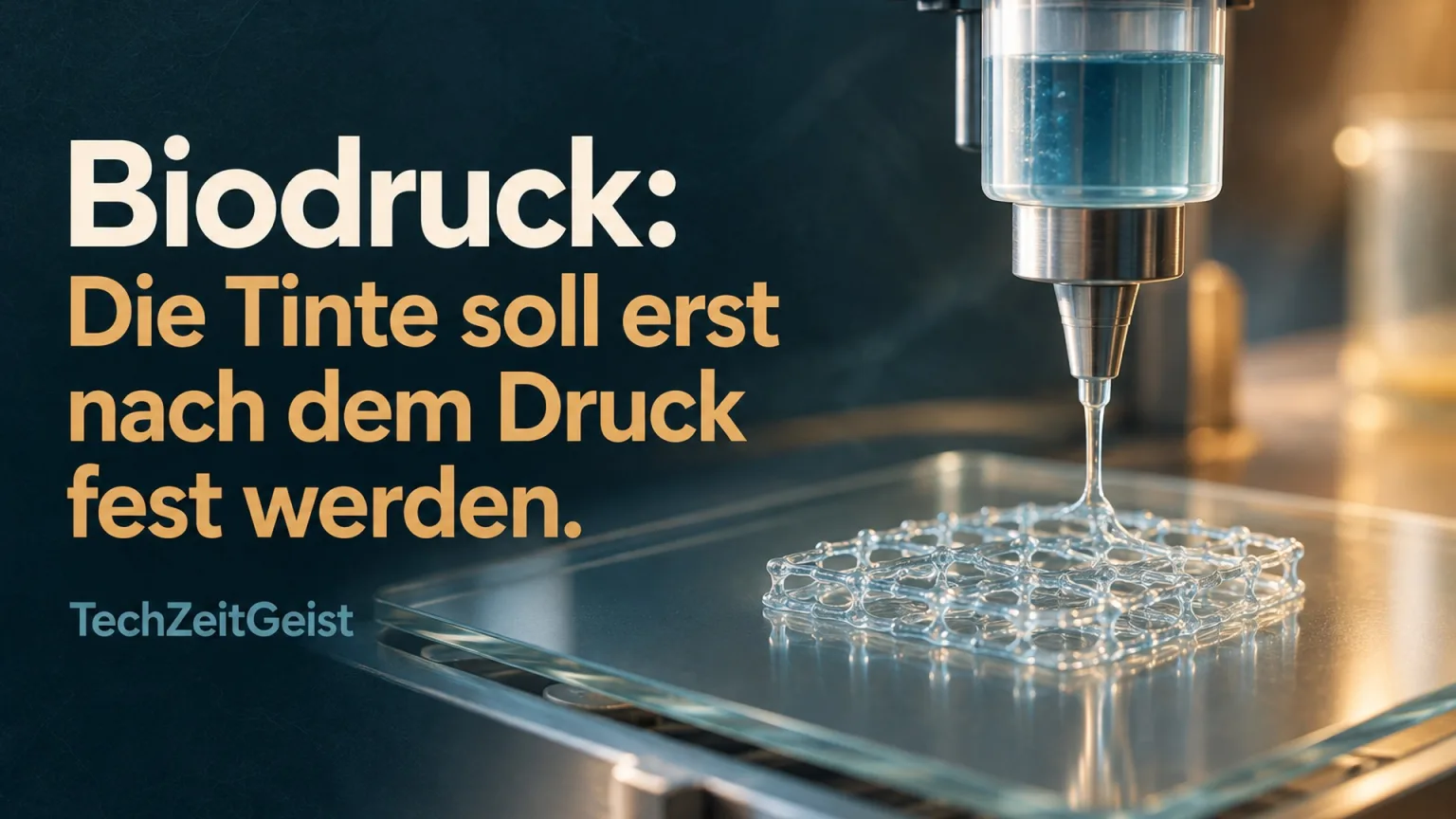 Biodruck-Düse über einer transparenten Gelstruktur auf einer Laborplatte.