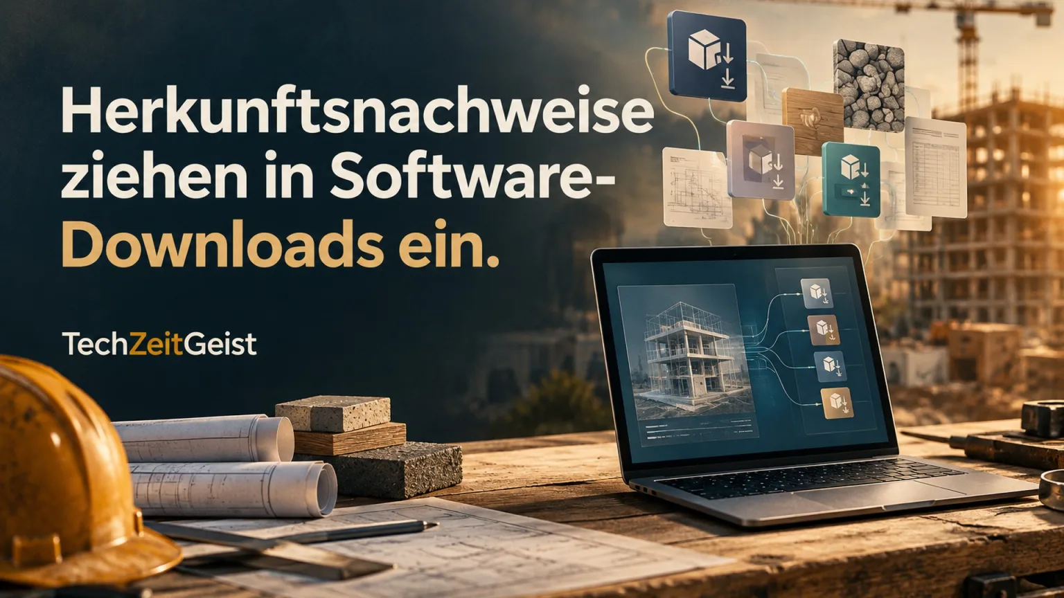 Laptop und abstrakte verbundene Softwarepakete auf einer Werkbank.