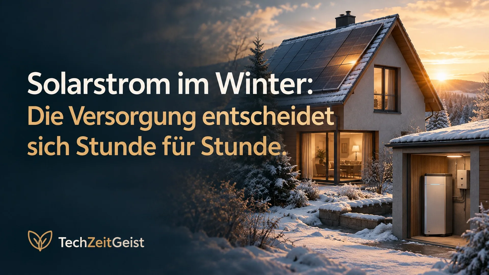 Haus mit Solarmodulen in einer Winterlandschaft und separat dargestelltem Batteriesystem.