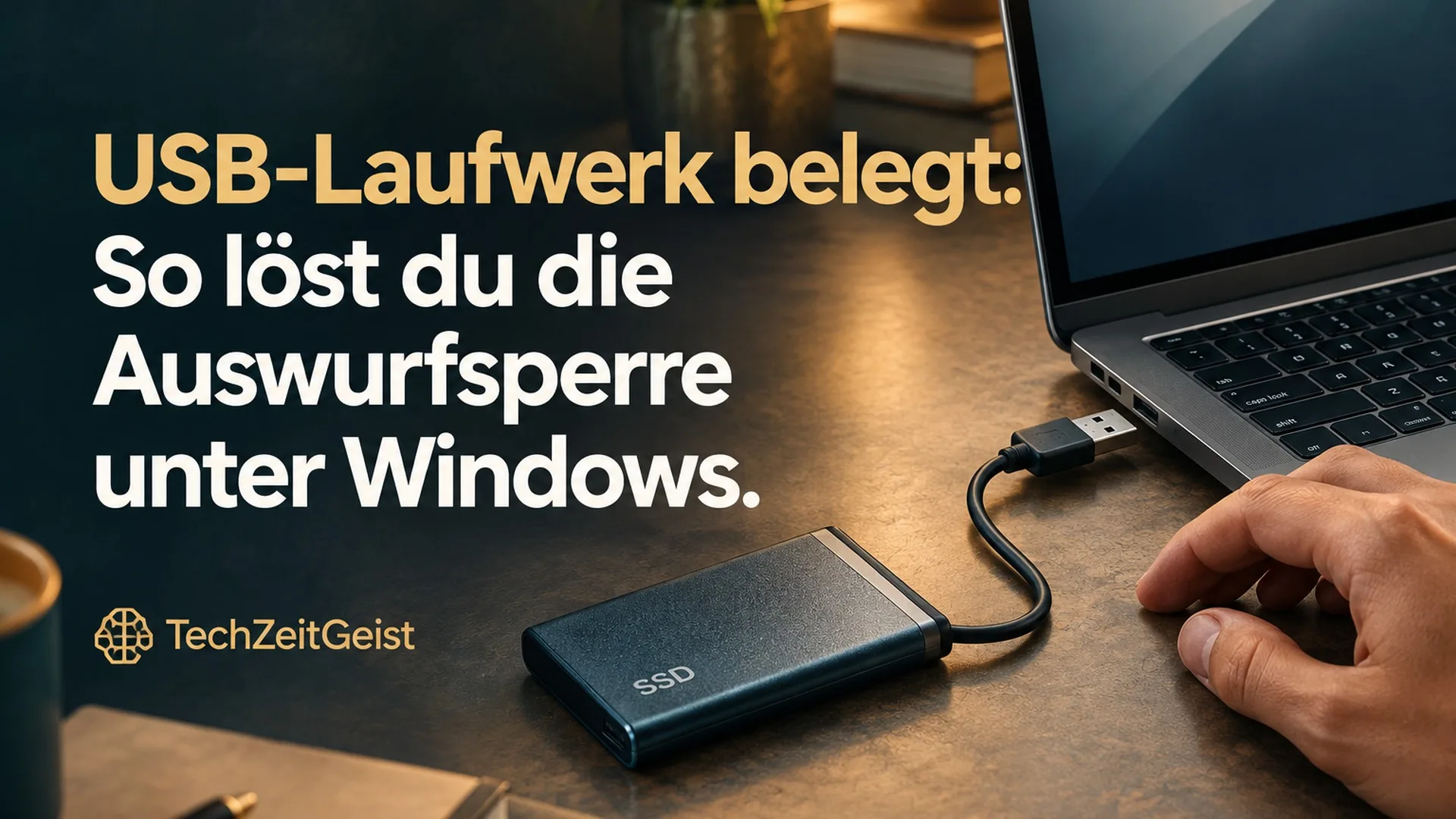 Externe SSD mit USB-Kabel neben einem Laptop und einer Hand.