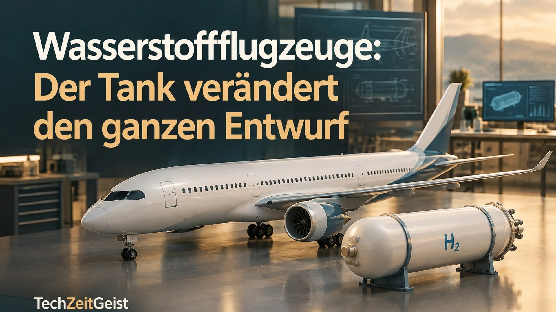 Neutrales Flugzeugmodell und separates zylindrisches Tankmodell in einem Labor.