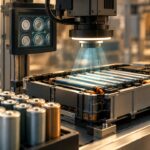 Batteriezellen und ein geöffneter neutraler Batteriepack auf einer Fertigungslinie, optische Prüfsensoren als zentrales Motiv.