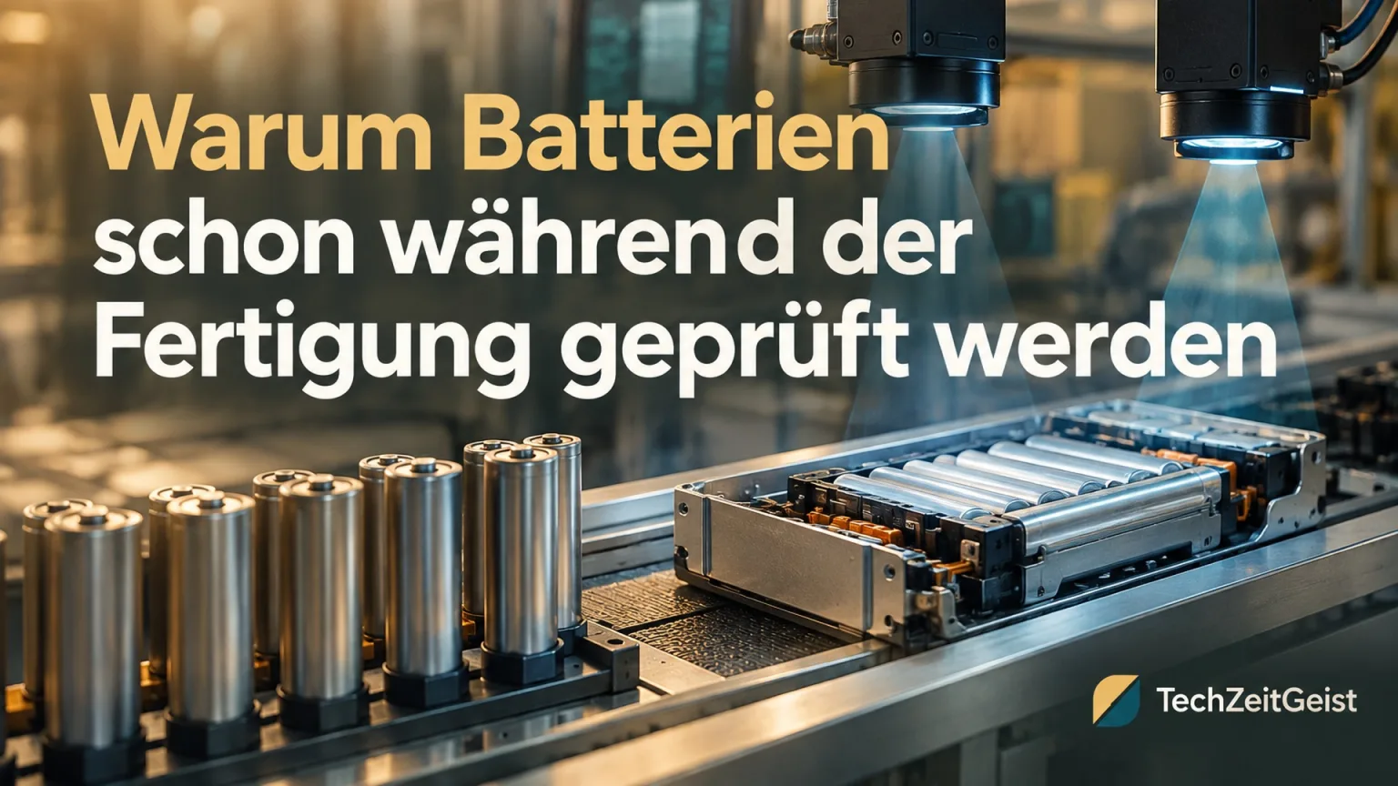 Batteriezellen und ein geöffneter neutraler Batteriepack auf einer Fertigungslinie, optische Prüfsensoren als zentrales Motiv.