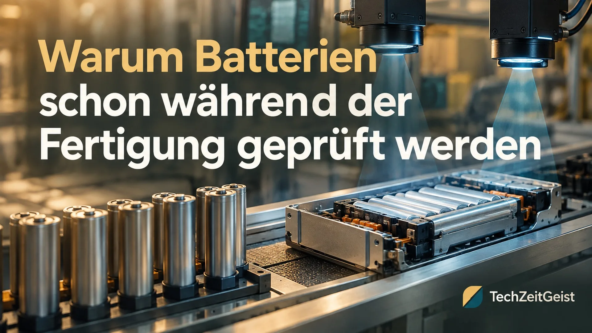 Batteriezellen und ein geöffneter neutraler Batteriepack auf einer Fertigungslinie, optische Prüfsensoren als zentrales Motiv.