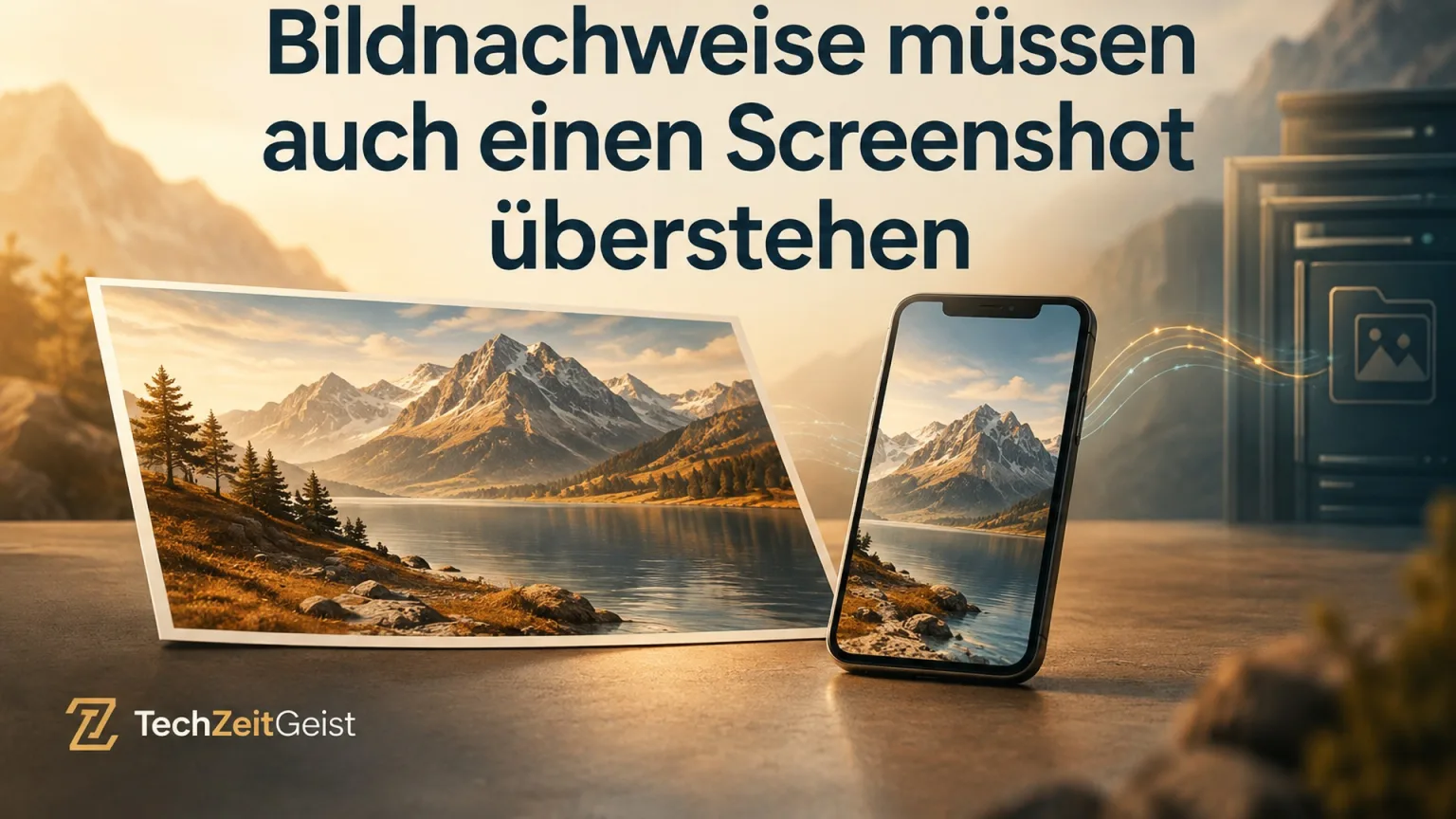 Landschaftsbilder auf einem Papierabzug und einem Smartphone neben einem Archiv; symbolische Darstellung ohne Echtheitsstempel.