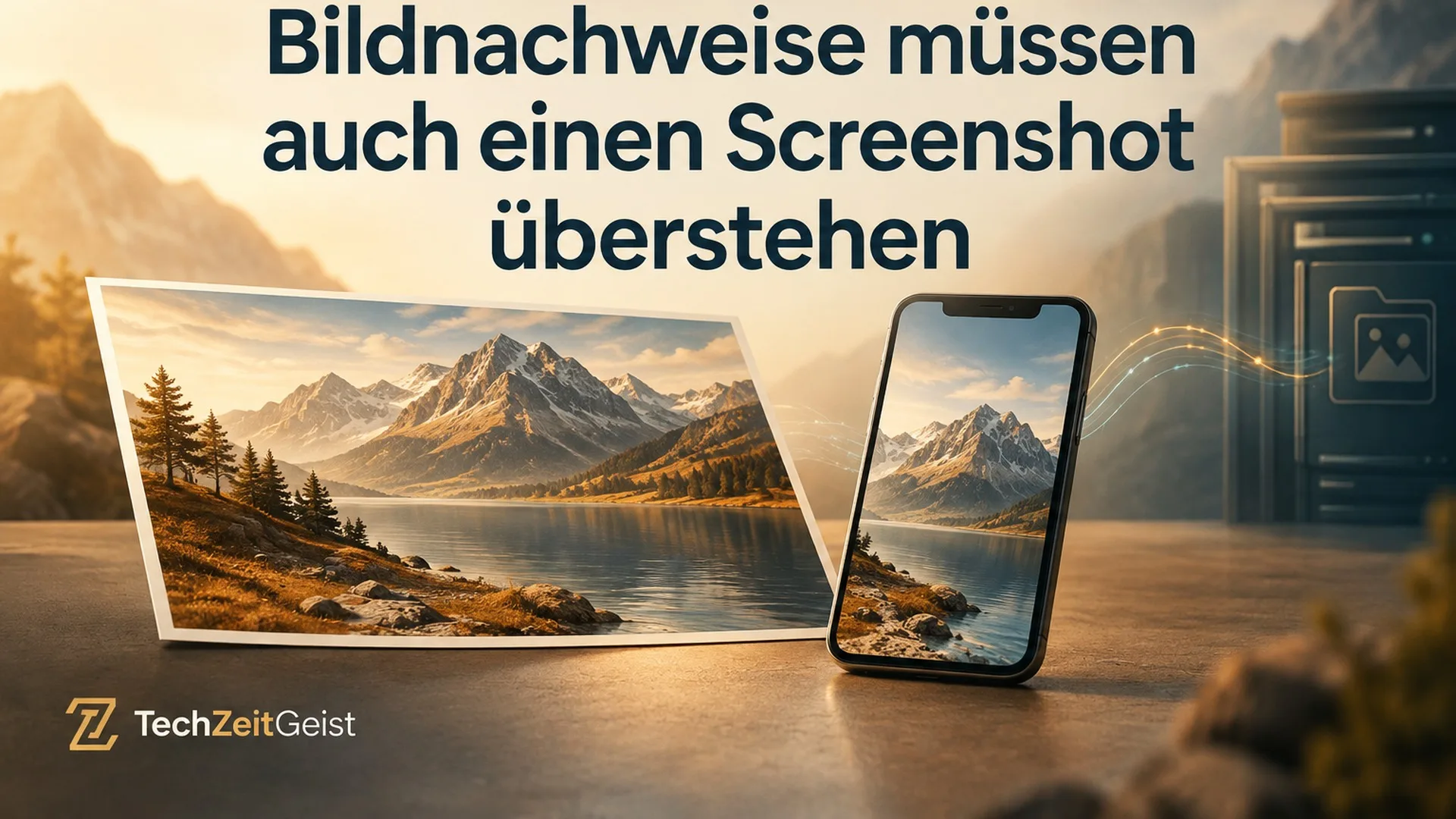 Landschaftsbilder auf einem Papierabzug und einem Smartphone neben einem Archiv; symbolische Darstellung ohne Echtheitsstempel.