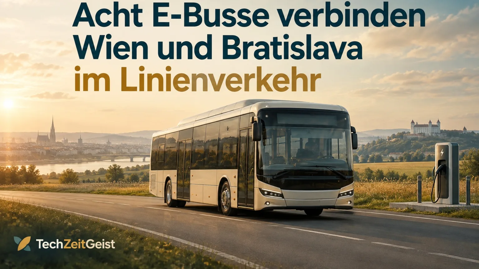 Neutraler elektrischer Reisebus auf einer flachen Landstraße, im Hintergrund eine dezente Ladestation und Felder, keine realen Firmenlogos.