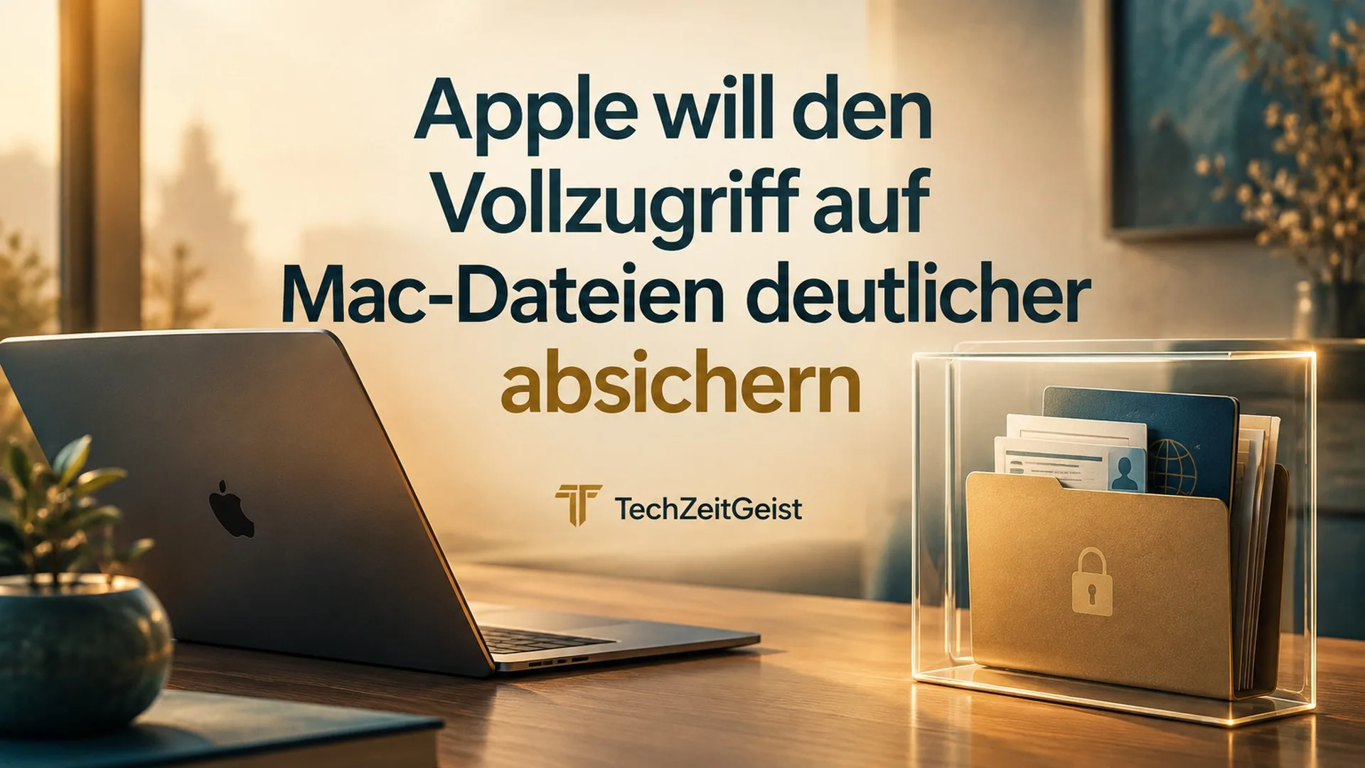Laptop auf einem ruhigen Schreibtisch, ein Ordner mit persönlichen Dokumenten hinter einer klaren gläsernen Schutzgrenze; keine echte Benutzeroberfläche.