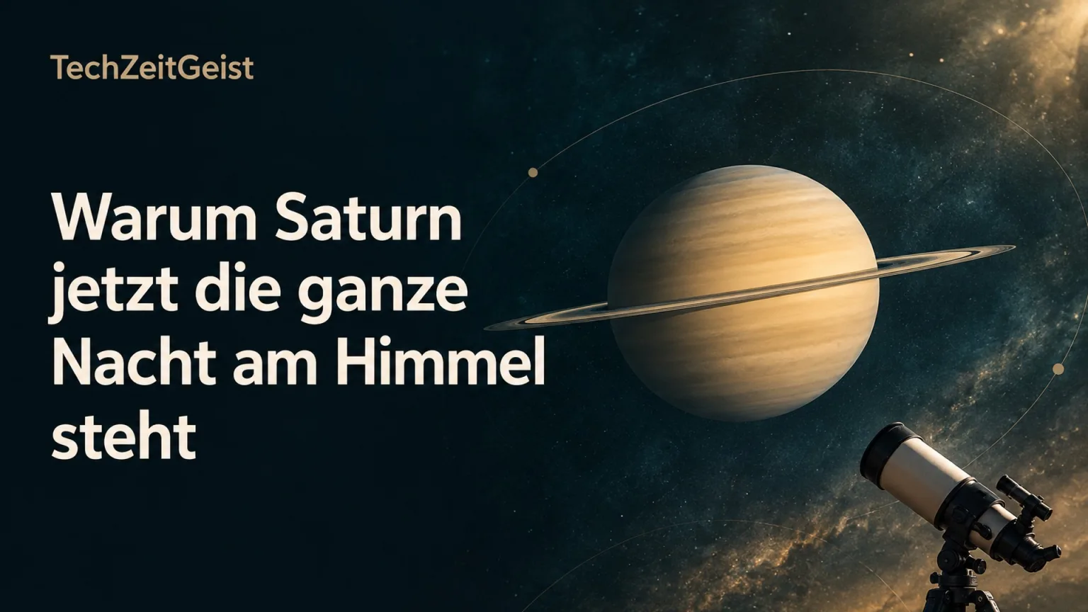 Saturn und ein Teleskop mit der Überschrift Warum Saturn jetzt die ganze Nacht am Himmel steht.