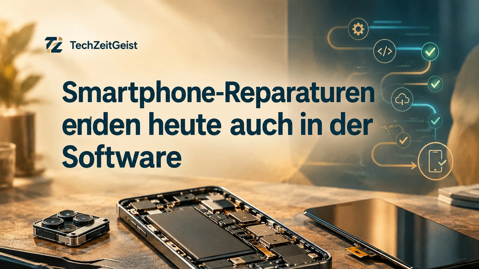 Geöffnetes neutrales Smartphone auf einer Werkbank, daneben Ersatzkamera und Display, im Hintergrund ein abstrakter Software-Prüfpfad ohne reale Oberfläche.