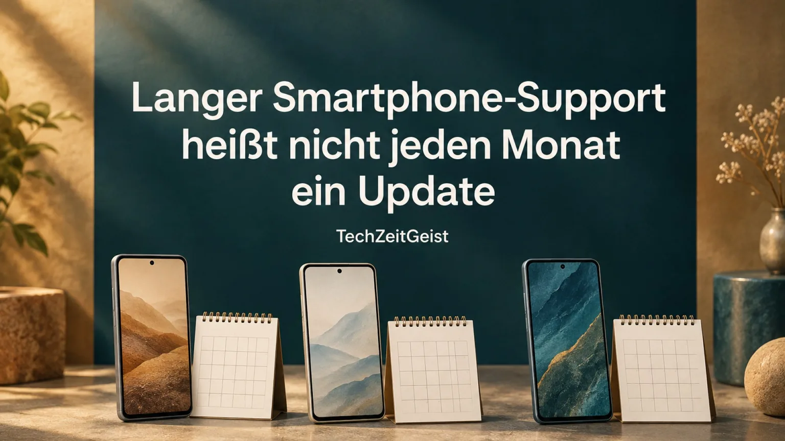 Drei neutrale Smartphones mit unterschiedlichen ruhigen Kalenderblättern daneben, keine echten Benutzeroberflächen und keine erfundenen Sicherheitslabels.