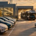 Neutrale Elektroautos in zwei geordneten Reihen vor einem Werk, ein Autotransporter verlässt das Gelände, keine Logos oder Zahlen.