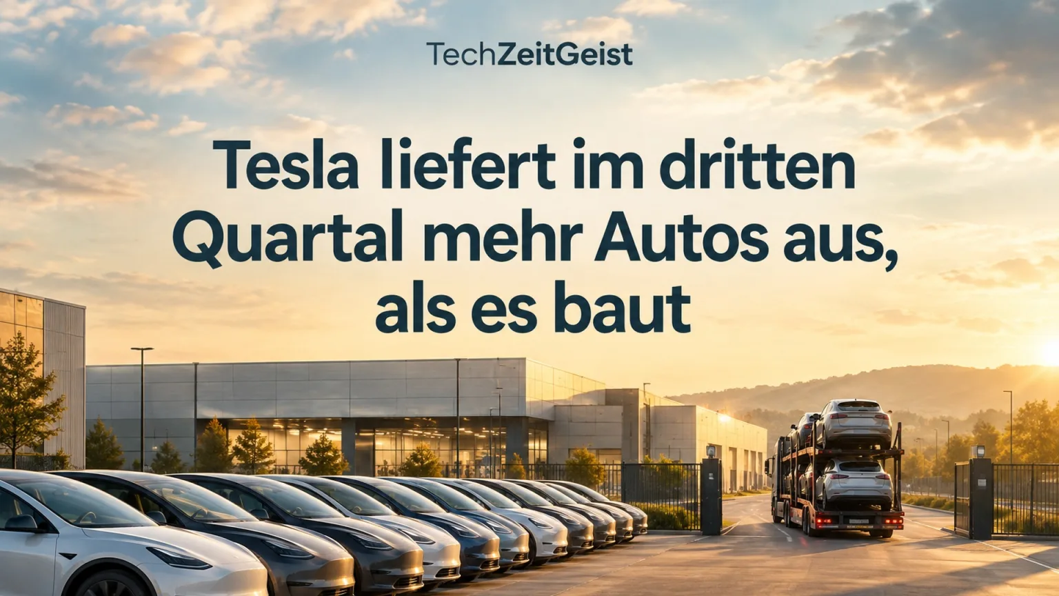 Neutrale Elektroautos in zwei geordneten Reihen vor einem Werk, ein Autotransporter verlässt das Gelände, keine Logos oder Zahlen.