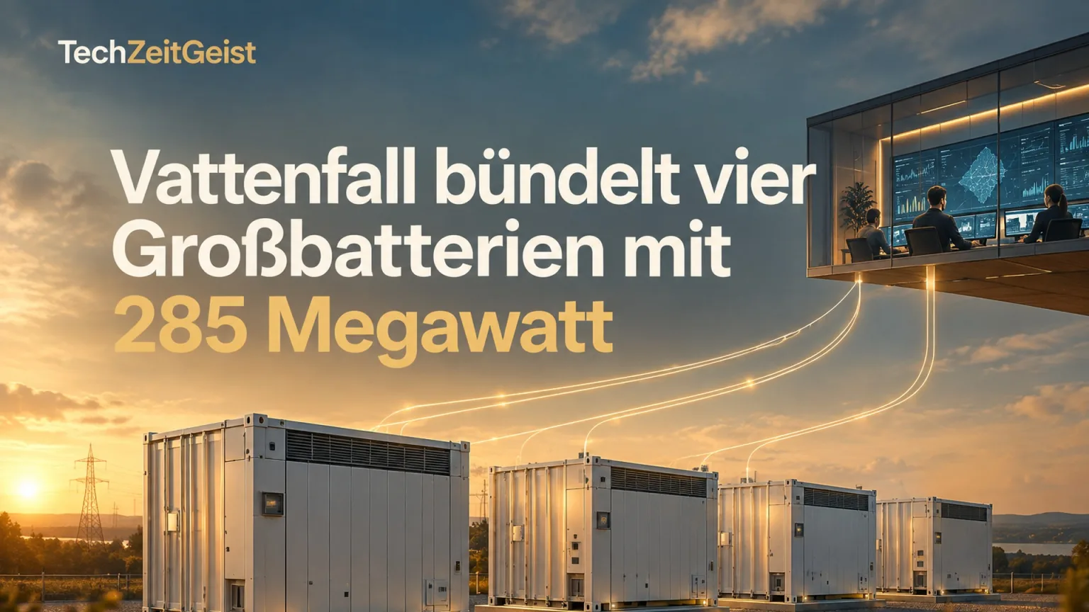 Vier große neutrale Batteriecontainer auf einem Industriestandort, dezente verbindende Lichtlinien zu einem Kontrollraum, keine Markenlogos.